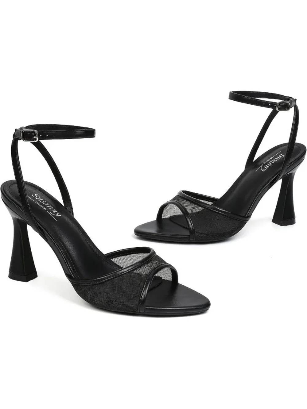 Women's Black High Heels Pointed Open Toe Strappy Chunky Block Sexy Dress Shoes